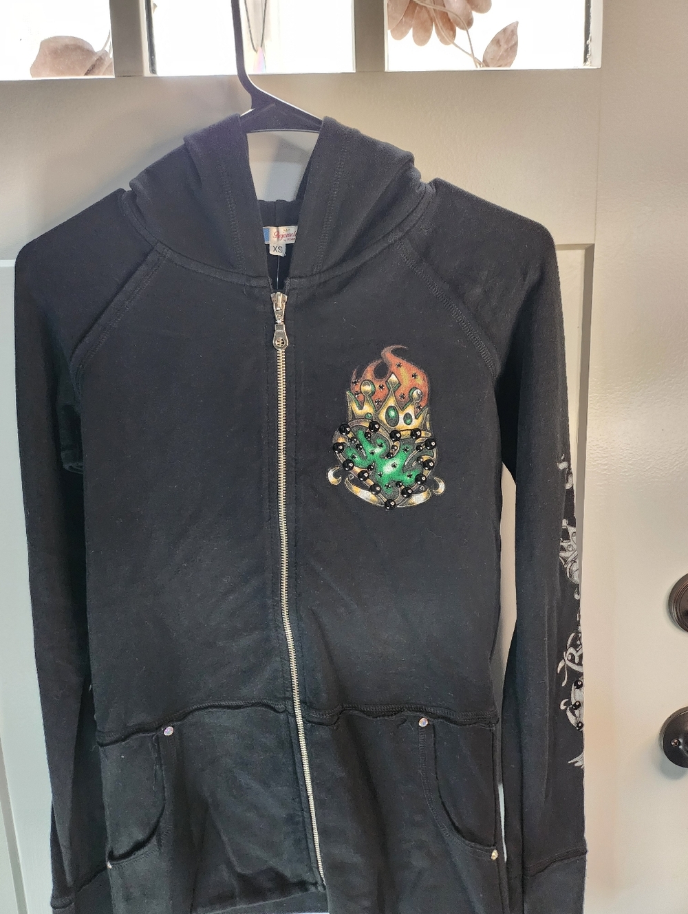 Kids Black Zip-Up Hoodie with Decorative Flame Crest